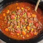Hearty Crock Pot Hamburger Soup filled with ground beef, tomatoes, carrots, peas, and corn simmering in a slow cooker.