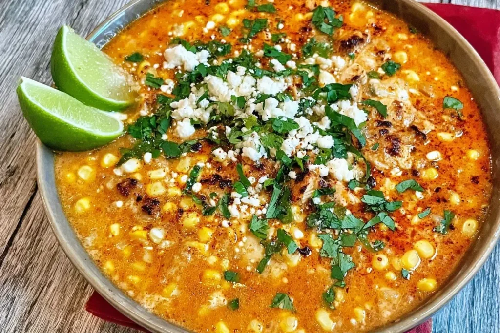 Bowl of Street Corn Chicken Chili Recipe with roasted corn, crumbled cheese, cilantro, and lime wedges on the side.