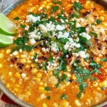 Bowl of Street Corn Chicken Chili Recipe with roasted corn, crumbled cheese, cilantro, and lime wedges on the side.