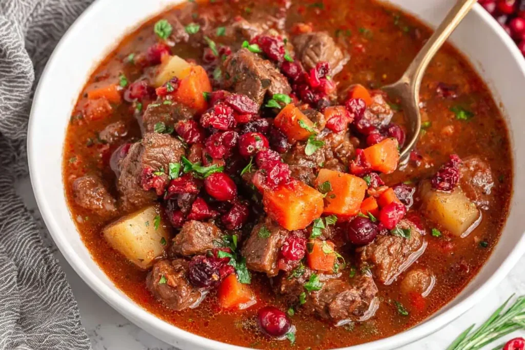 Close-up of a hearty Cranberry Apple Beef Stew with tender beef, potatoes, carrots, and cranberries in a rich broth, served in a white bowl.