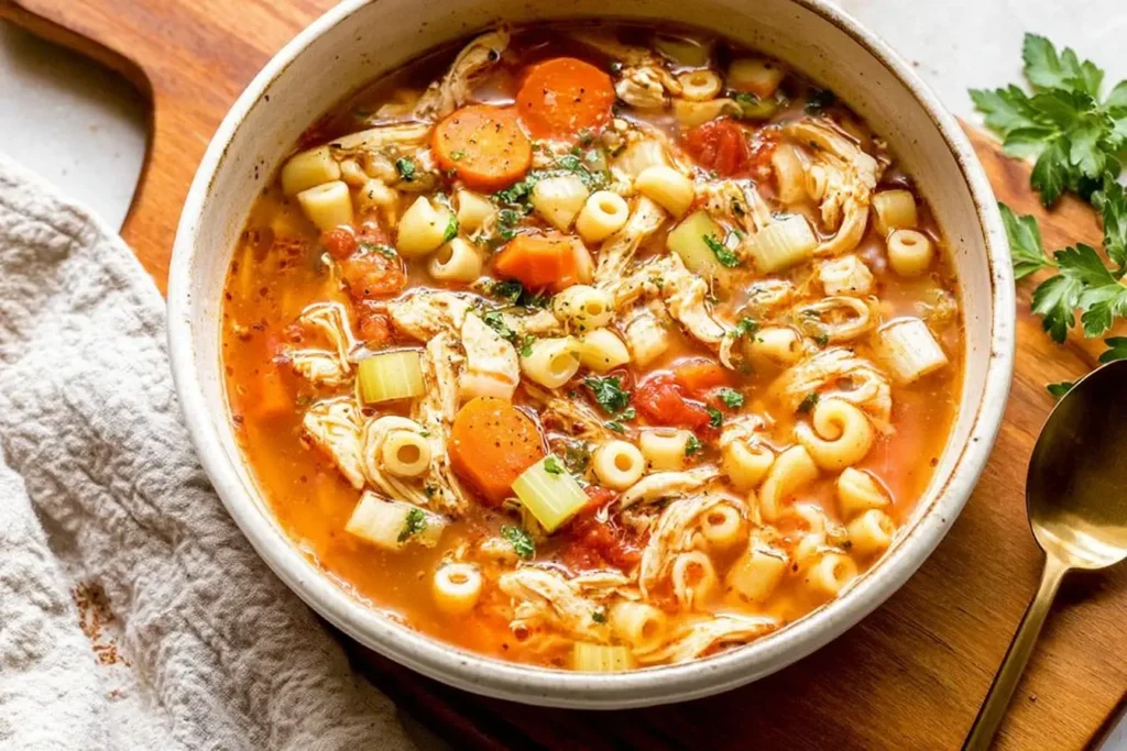 Hearty Sicilian chicken soup with pasta, vegetables, and shredded chicken in a bowl