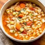 Hearty Sicilian chicken soup with pasta, vegetables, and shredded chicken in a bowl