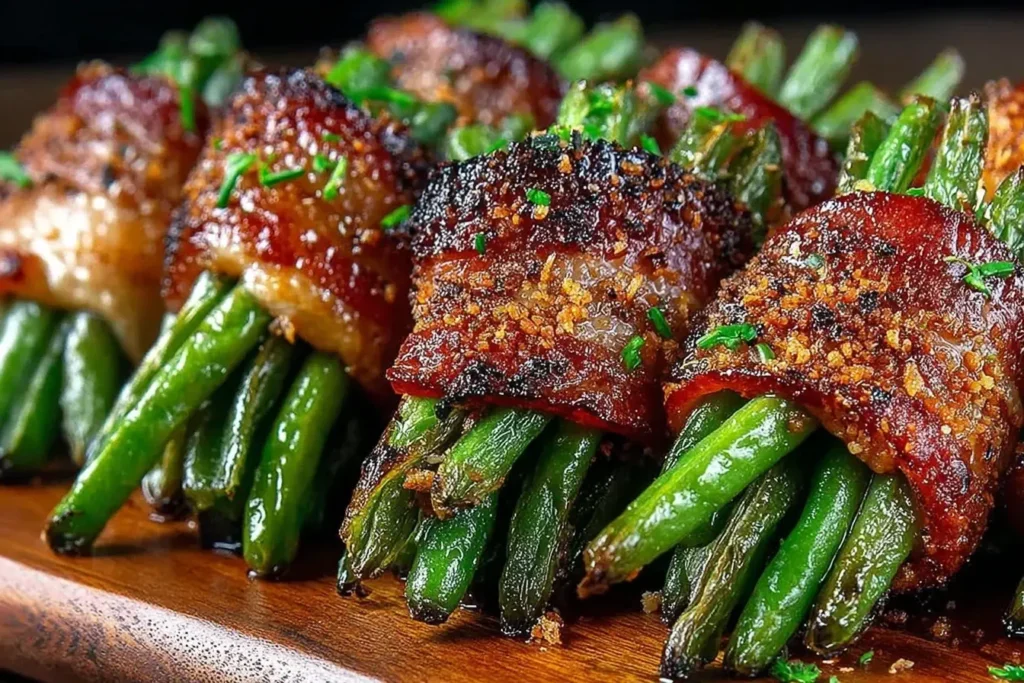Crispy Bacon Wrapped Green Bean Bundles glazed with seasoning and roasted to perfection on a wooden board.