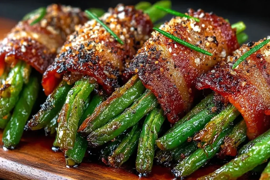 Savory Bacon Wrapped Green Bean Bundles topped with seasonings and roasted until caramelized and crisp.