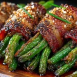 Savory Bacon Wrapped Green Bean Bundles topped with seasonings and roasted until caramelized and crisp.