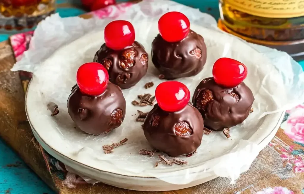 A plate of glossy chocolate-covered Cherry Bourbon Extract Balls topped with bright red cherries and chocolate shavings.