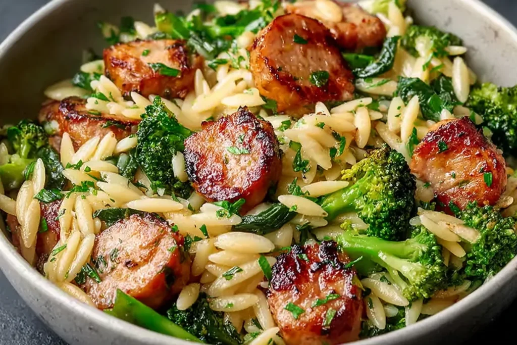 Chicken Sausage and Broccoli Orzo in a bowl with browned sausage slices, tender broccoli florets, and creamy orzo tossed with herbs.