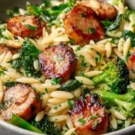 Chicken Sausage and Broccoli Orzo in a bowl with browned sausage slices, tender broccoli florets, and creamy orzo tossed with herbs.