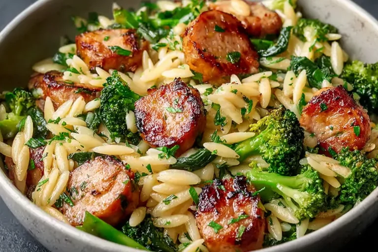Chicken Sausage and Broccoli Orzo in a bowl with browned sausage slices, tender broccoli florets, and creamy orzo tossed with herbs.