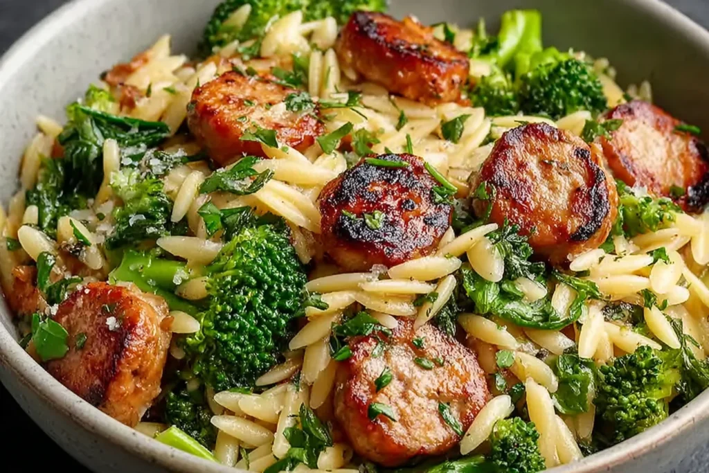Chicken Sausage and Broccoli Orzo in a bowl with crispy browned chicken sausage, tender broccoli, fluffy orzo, and fresh herbs.