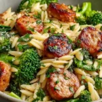 Chicken Sausage and Broccoli Orzo in a bowl with crispy browned chicken sausage, tender broccoli, fluffy orzo, and fresh herbs.