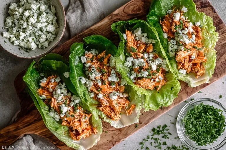 Buffalo Chicken Lettuce Wraps filled with spicy shredded buffalo chicken, crisp butter lettuce, and blue cheese crumbles on a wooden board