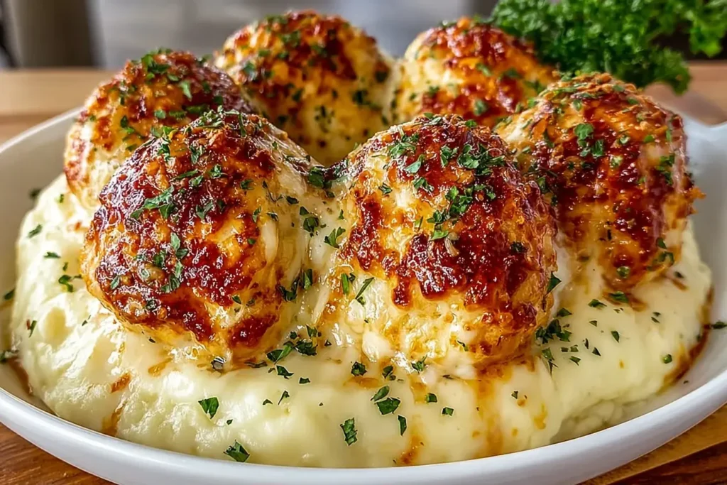 Parmesan Cloud Chicken Bombs baked until golden and crispy, served over creamy mashed potatoes and finished with fresh herbs.