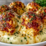 Parmesan Cloud Chicken Bombs baked until golden and crispy, served over creamy mashed potatoes and finished with fresh herbs.