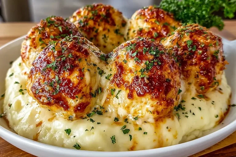 Parmesan Cloud Chicken Bombs baked until golden and crispy, served over creamy mashed potatoes and finished with fresh herbs.