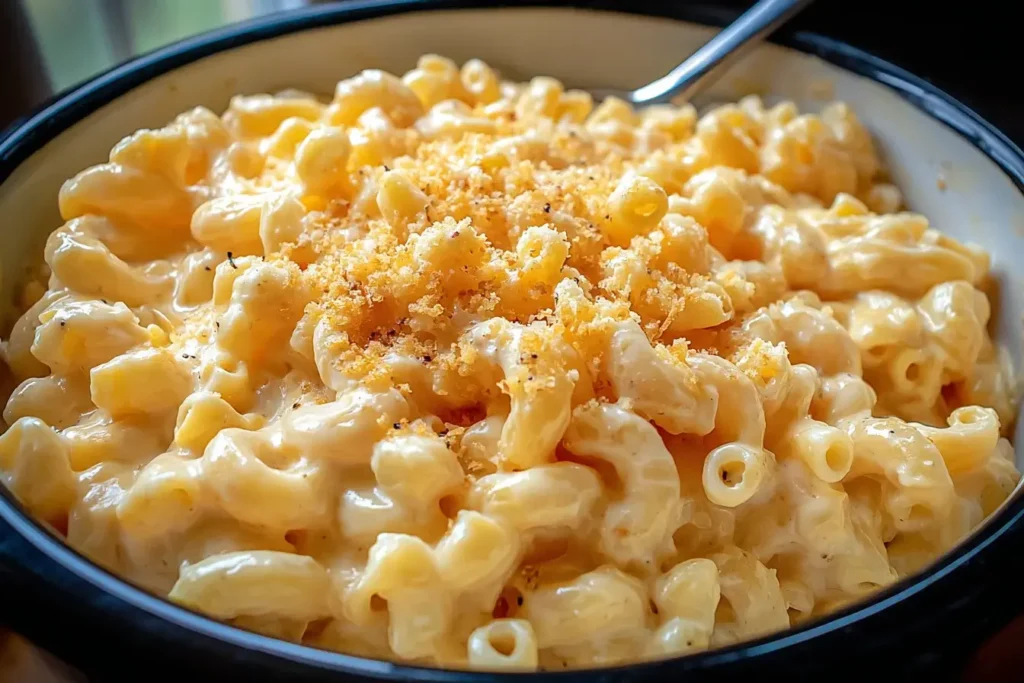 Creamy Paula Deen Crockpot Mac and Cheese topped with toasted breadcrumbs in a serving bowl.