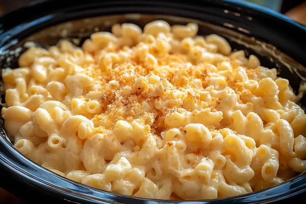 Creamy Paula Deen Crockpot Mac and Cheese topped with golden breadcrumbs inside a slow cooker.