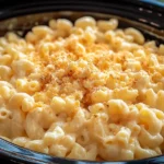 Creamy Paula Deen Crockpot Mac and Cheese topped with golden breadcrumbs inside a slow cooker.