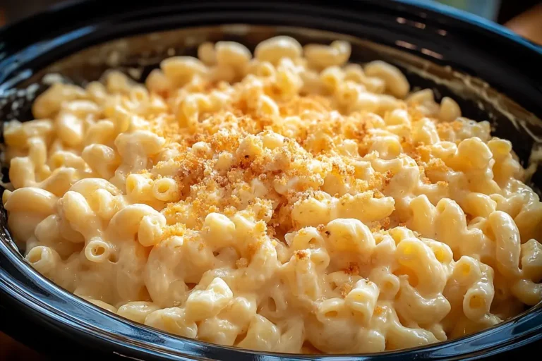 Creamy Paula Deen Crockpot Mac and Cheese topped with golden breadcrumbs inside a slow cooker.