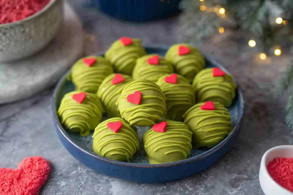 Festive No Bake Grinch Oreo Truffles with green candy coating and red heart sprinkles on a holiday plate.
