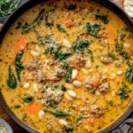 Creamy Tuscan White Bean Soup with sausage, carrots, spinach, and white beans simmering in a Dutch oven.