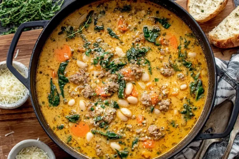 Creamy Tuscan White Bean Soup with sausage, carrots, spinach, and white beans simmering in a Dutch oven.