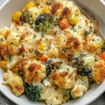 Creamy Winter Vegetable Casserole served in a white bowl with golden roasted broccoli, cauliflower, and carrots topped with a crispy cheesy crust.