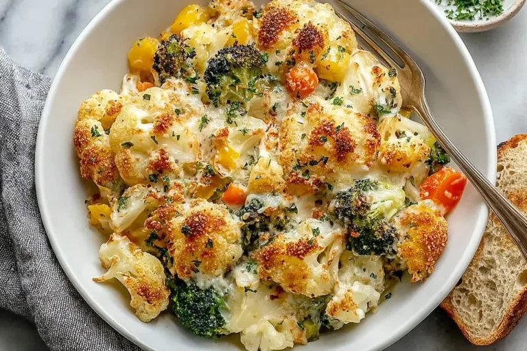 Creamy Winter Vegetable Casserole served in a white bowl with golden roasted broccoli, cauliflower, and carrots topped with a crispy cheesy crust.