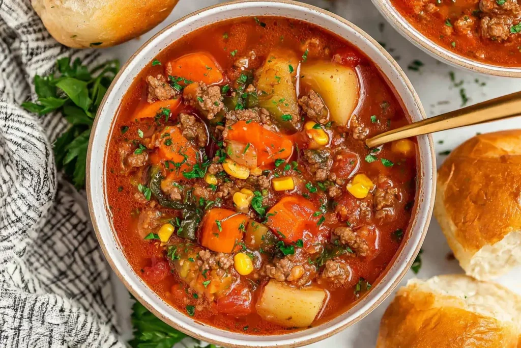 Bowl of Crock Pot Hamburger Soup with ground beef, potatoes, carrots, and corn served with fresh rolls.