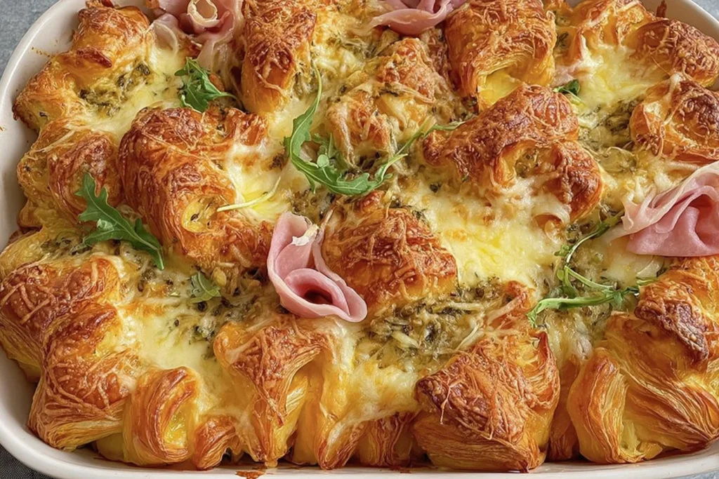 Croissant Bake in a white baking dish with golden croissants, melted Swiss and mozzarella, fresh herbs, and ribbons of ham.