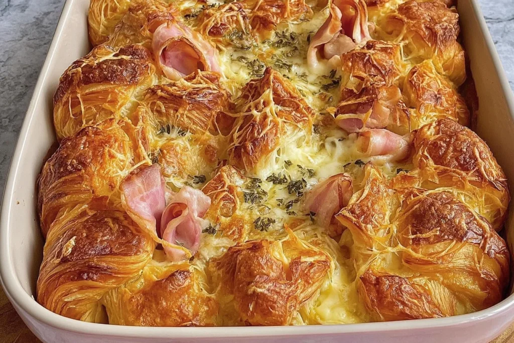 Croissant Bake in a white casserole dish with golden, flaky croissants, melted Swiss and mozzarella, thyme, and folded ham on top.