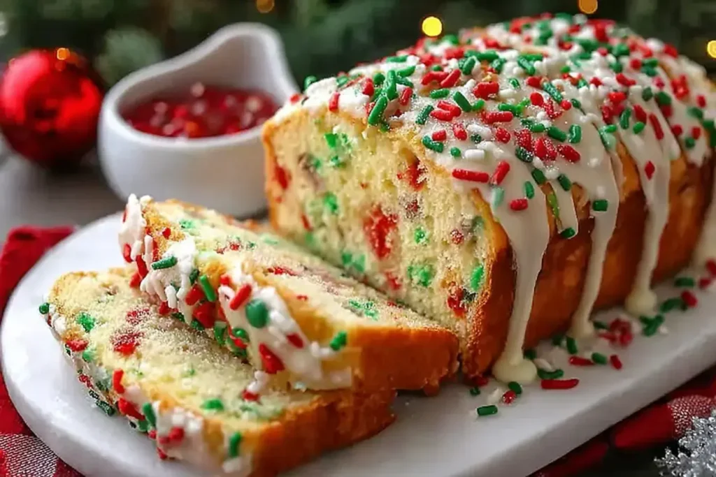 Christmas Sprinkle Buttermilk Bread topped with festive red and green sprinkles and icing, sliced and served for a holiday treat.