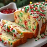Christmas Sprinkle Buttermilk Bread topped with festive red and green sprinkles and icing, sliced and served for a holiday treat.