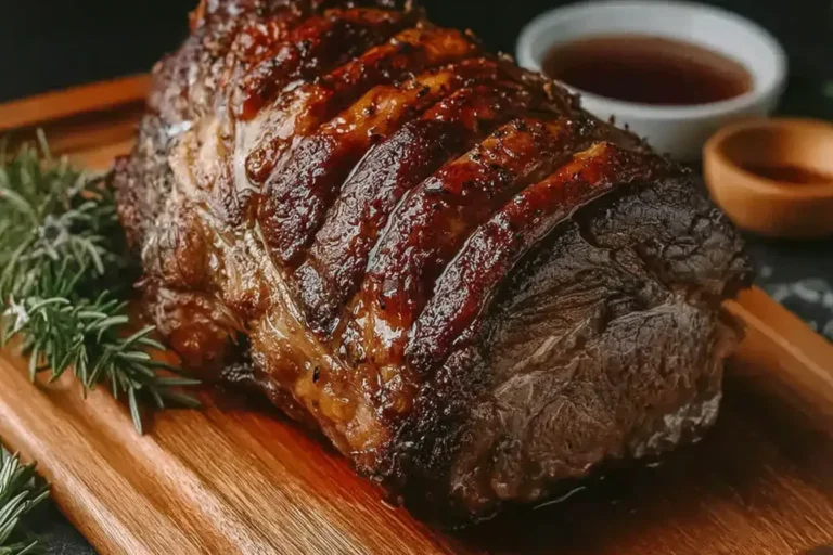 Classic Christmas Prime Rib roast with a golden crust resting on a wooden board beside fresh rosemary.