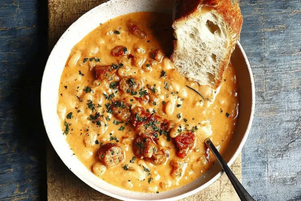 Bowl of Creamy Bean Soup with Sausage topped with herbs, served with crusty bread on a rustic wooden board.