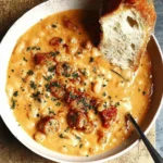 Bowl of Creamy Bean Soup with Sausage topped with herbs, served with crusty bread on a rustic wooden board.