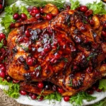 Cranberry Maple Roast Chicken glazed with maple syrup and roasted cranberries on a platter with herbs and greens.
