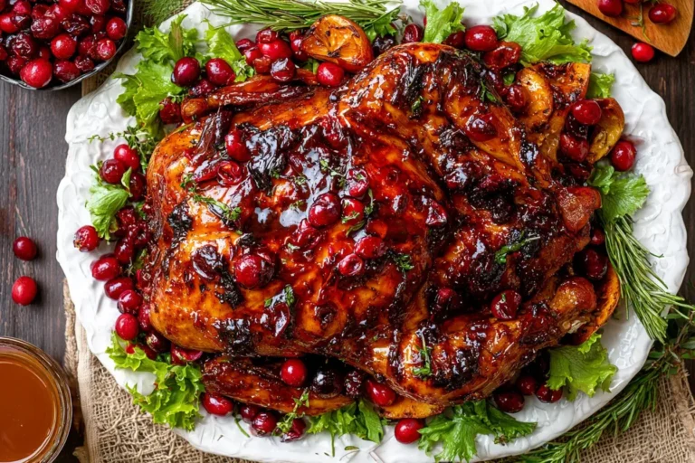 Cranberry Maple Roast Chicken glazed with maple syrup and roasted cranberries on a platter with herbs and greens.
