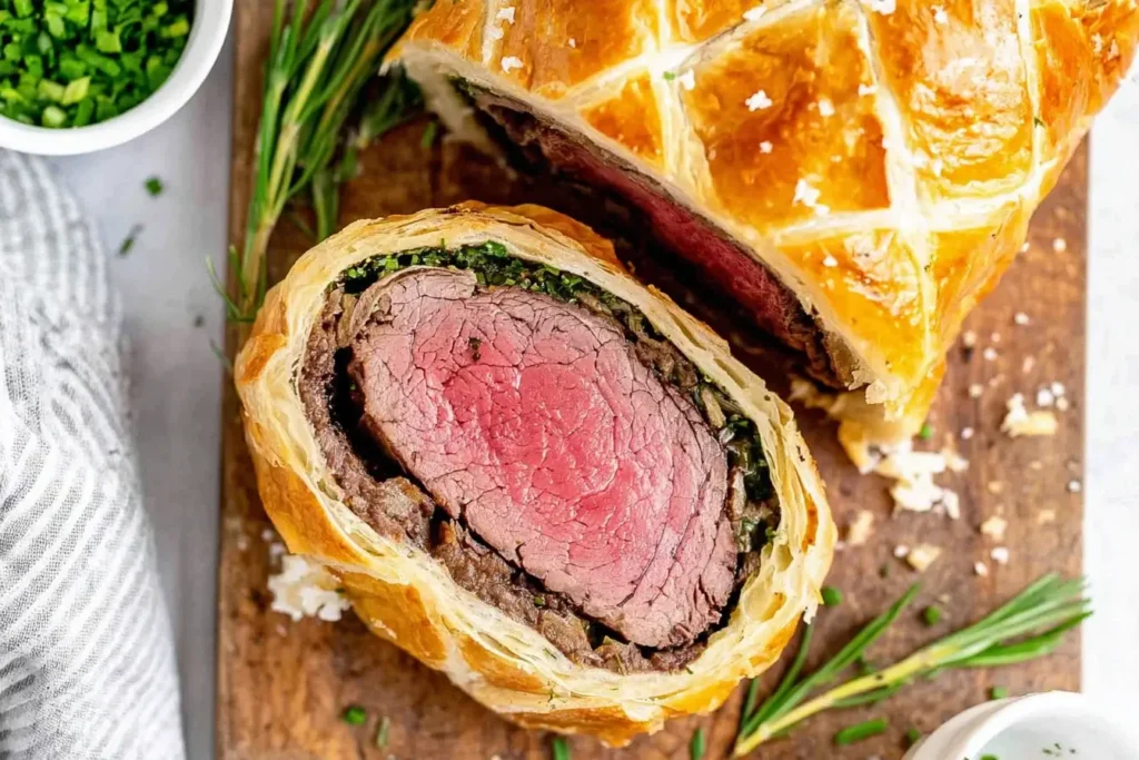 Perfectly cooked Beef Wellington wrapped in golden puff pastry with tender medium-rare beef center on a wooden board