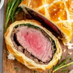 Perfectly cooked Beef Wellington wrapped in golden puff pastry with tender medium-rare beef center on a wooden board