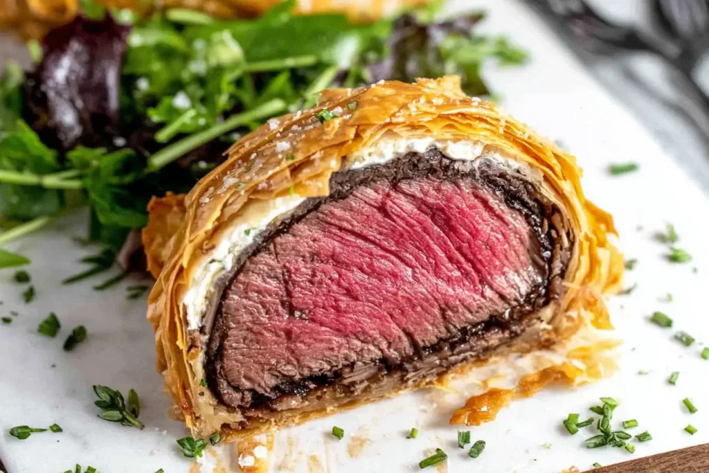 Slice of Beef Wellington with flaky phyllo pastry and perfectly medium-rare center served with fresh greens.