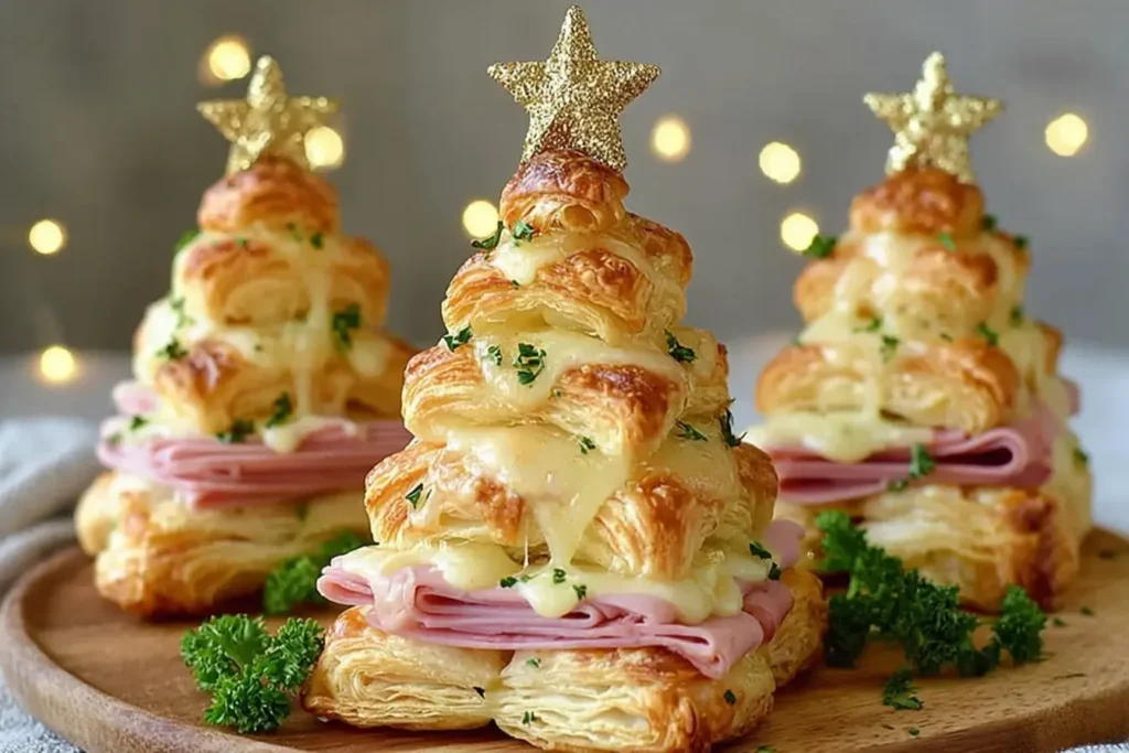 Golden Ham and Cheese Puff Pastry Christmas Trees topped with melted cheese, folded ham, flaky layers, and festive star toppers on a holiday serving board.