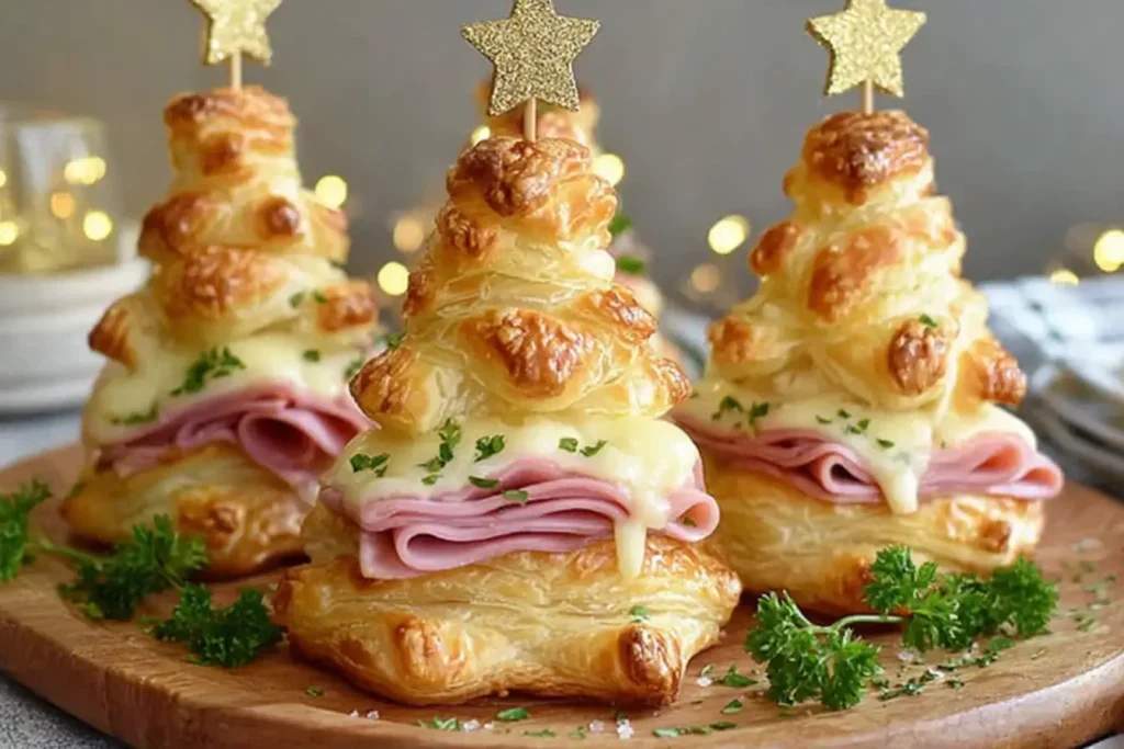 Festive Ham and Cheese Puff Pastry Christmas Trees with flaky golden layers, melty cheese, folded ham, and sparkling star toppers on a holiday serving board.