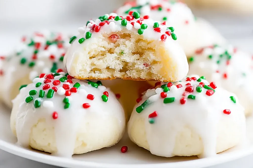 Soft Italian Christmas Cookies topped with white glaze and festive red, green, and white sprinkles, with one cookie showing a tender, fluffy inside.