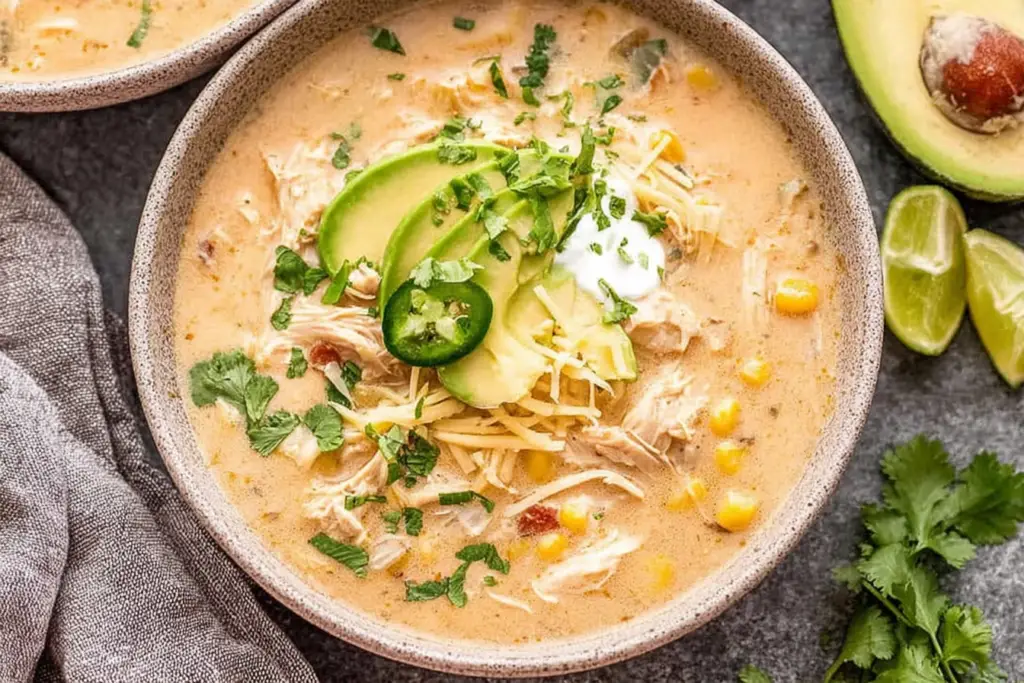Slow Cooker Creamy Green Chile Chicken Enchilada Soup topped with avocado slices, shredded cheese, cilantro, and a jalapeño in a cozy bowl.