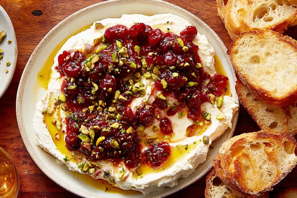 Whipped Feta Dip with Honey Pistachios and Cranberries topped with chopped pistachios and honey, served in a ceramic bowl with toasted bread on a wooden table