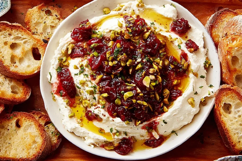 Whipped Feta Dip with Honey Pistachios and Cranberries served in a white bowl, topped with honey drizzle, chopped pistachios, and cranberries, surrounded by toasted bread slices