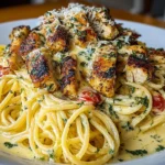 Creamy Cajun Chicken Spaghetti topped with blackened chicken in a rich garlic cream sauce, served over pasta with herbs and tomatoes.