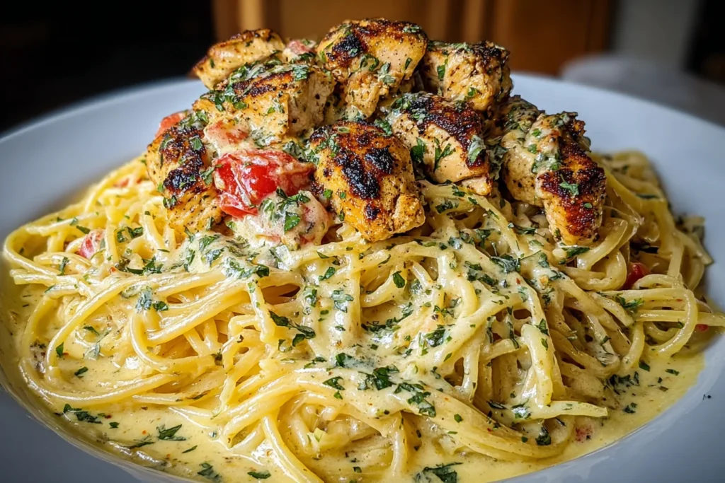 Creamy Cajun Chicken Spaghetti in a creamy garlic sauce, topped with blackened Cajun chicken bites, herbs, and juicy tomatoes.
