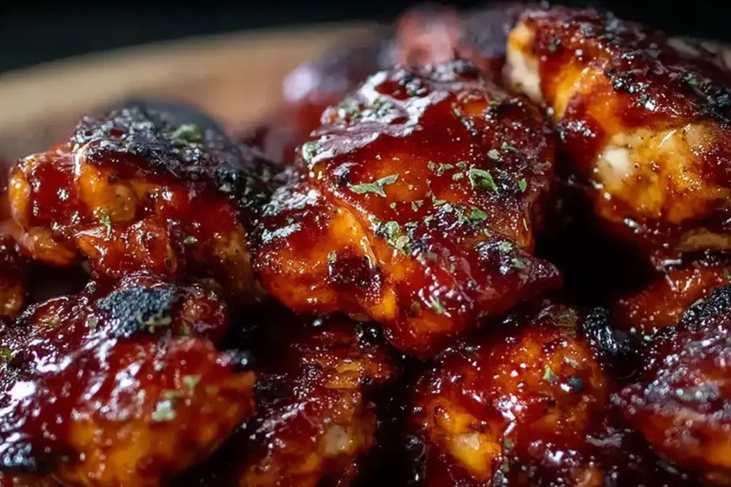Close-up of Sweet Baby Ray’s Crockpot Chicken covered in glossy, caramelized BBQ sauce with tender, juicy pieces sprinkled with herbs